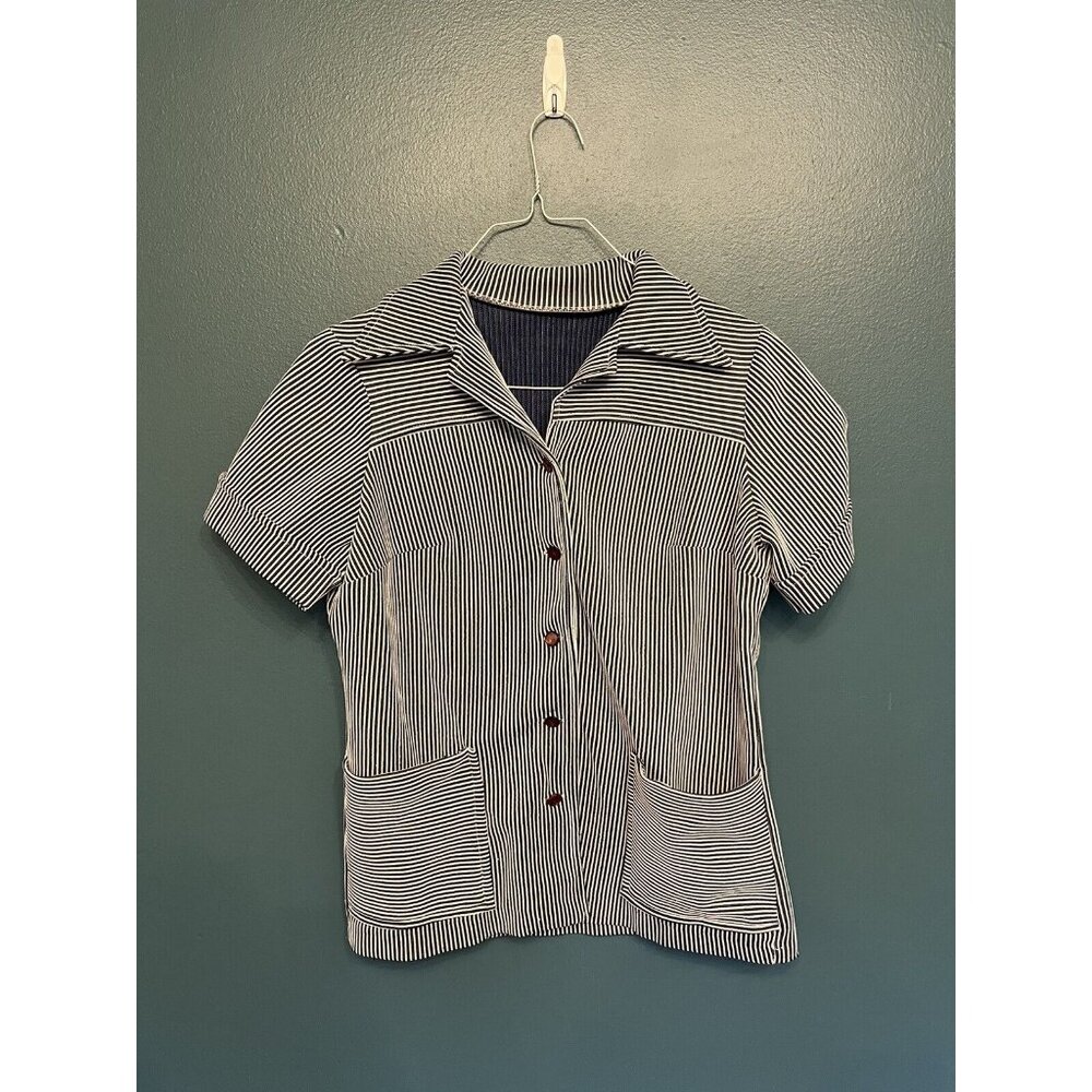 Vintage 70s Navy and White Striped Polyester Button Front Top *Read Description*